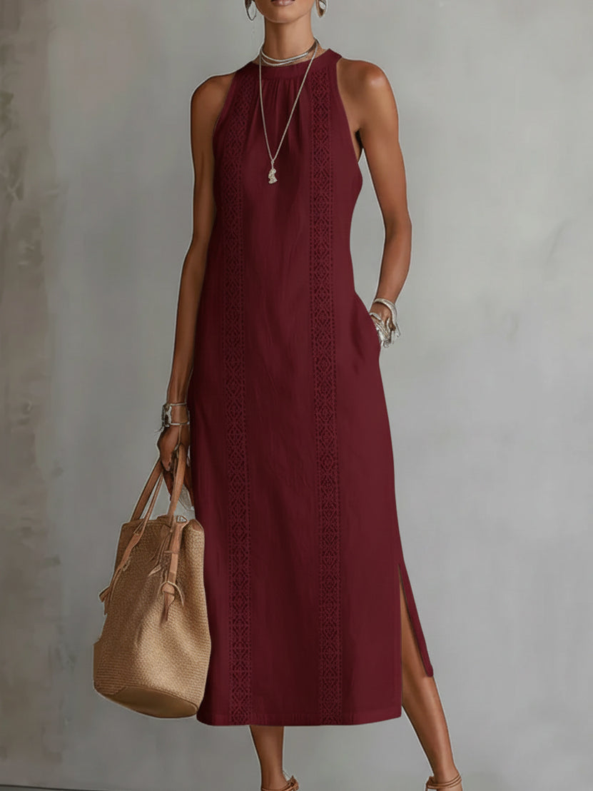 Linen Midi Dress with Mao Collar | Women's Summer Dress
