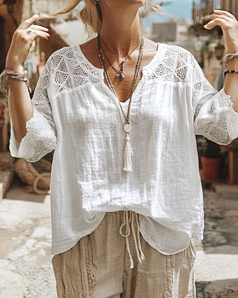 V-Neck Lace Blouse | Women's Summer Top with Lace Sleeves