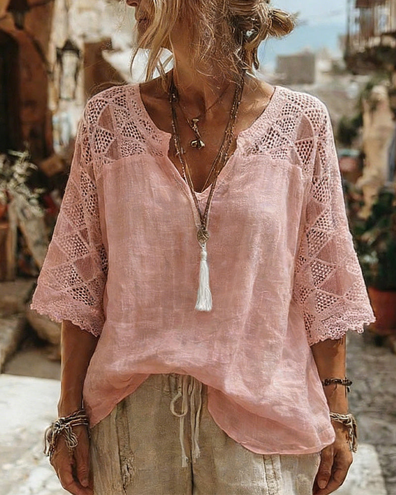 V-Neck Lace Blouse | Women's Summer Top with Lace Sleeves