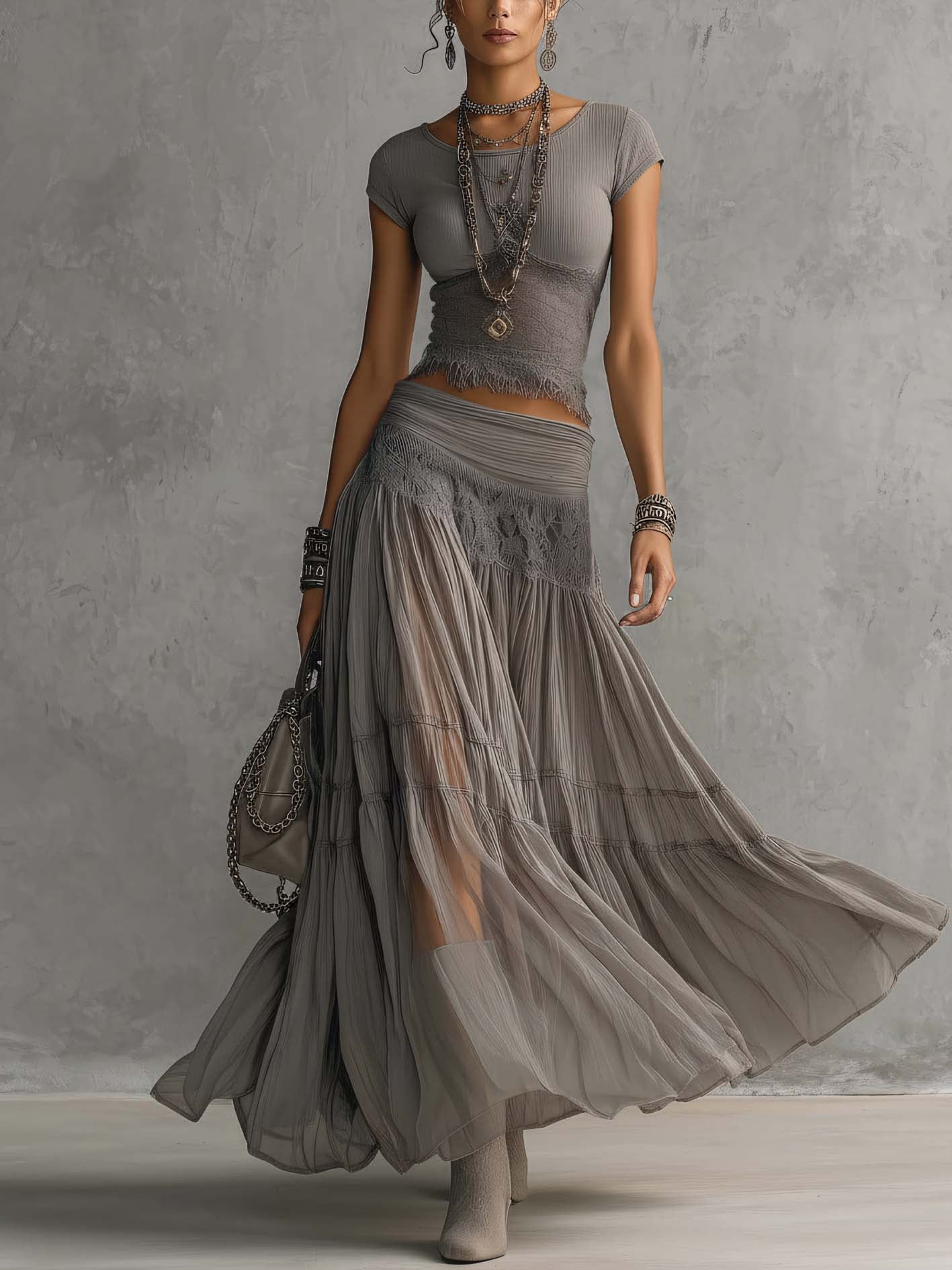 Women's Elegant Two-Piece Outfit | Lace Maxi Skirt Set