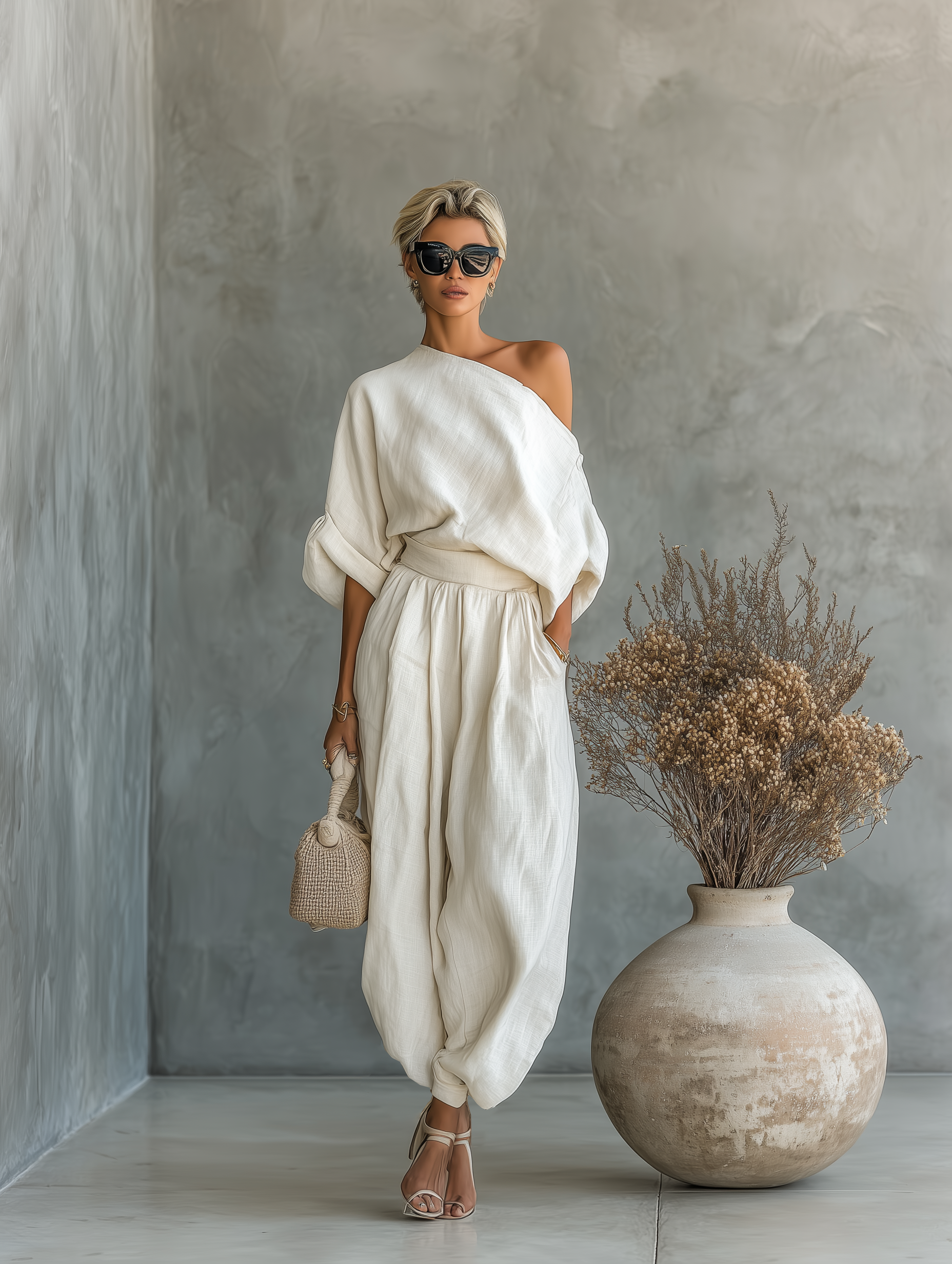 Women's Off-White Linen Set | Casual Tapered Pants Outfit