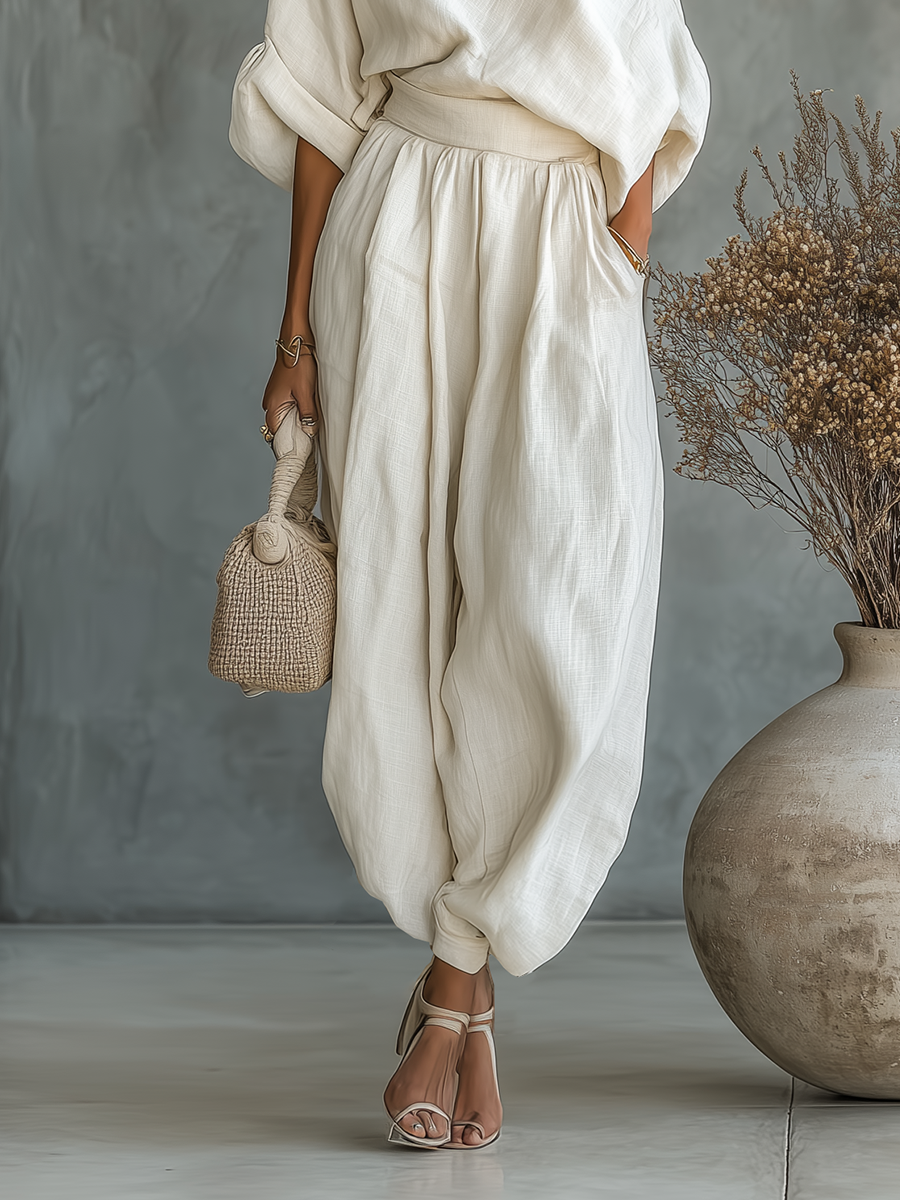 Women's Off-White Linen Set | Casual Tapered Pants Outfit